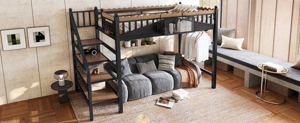 English Elm Twin Xl Metal Loft Bed with Stair Storage Shelves Sturdy Steel Frame for Dorms W1580S00377