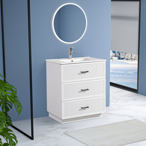 English Elm 30 Inch Bathroom Vanity With Ceramic Sink - Modern Freestanding Storage Cabinet, 2 Drawers, White Finish W1550S00045