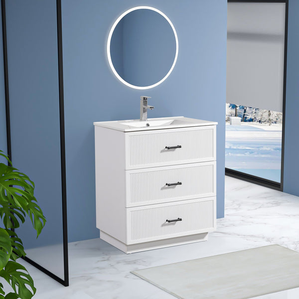 English Elm 30 Inch Bathroom Vanity With Ceramic Sink - Modern Freestanding Storage Cabinet, 2 Drawers, White Finish W1550S00045