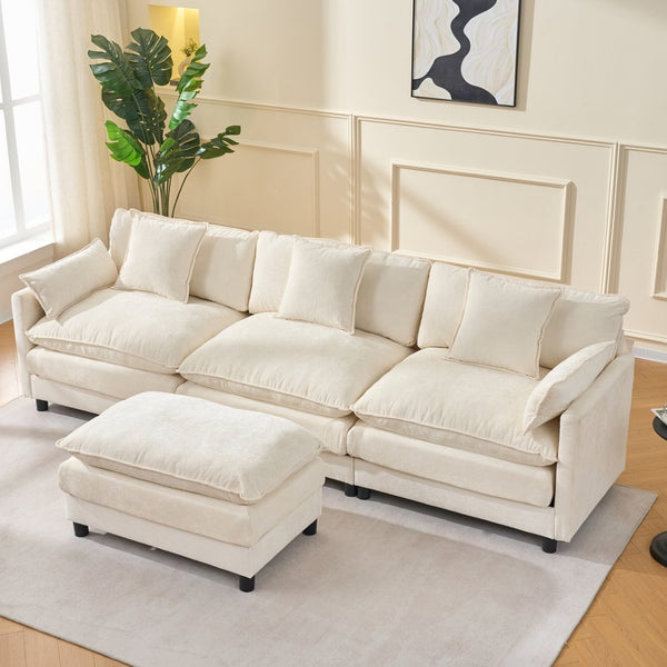 English Elm 108" L-shaped Chenille Cloud Sectional Deep Seat Sofa with Ottoman for Living Rooms Beige W3244S00003