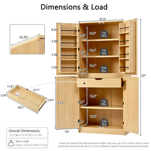 English Elm K&k Farmhouse Pantry Cabinet 72 Inch Tall Mdf Cupboard with Adjustable Shelves Natural N707S000021Y
