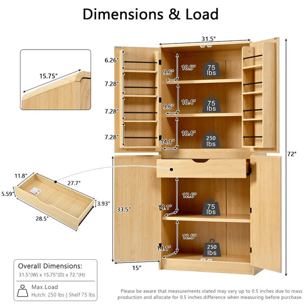 English Elm K&k Farmhouse Pantry Cabinet 72 Inch Tall Mdf Cupboard with Adjustable Shelves Natural N707S000021Y