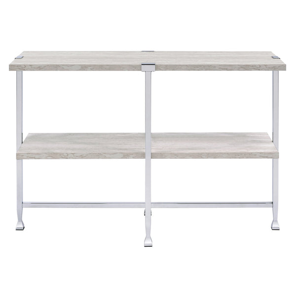 English Elm White Oak and Chrome Contemporary Sofa Table with Shelf, Metal Tube Legs, Durable Veneer Surface B062P186475