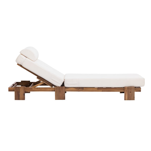 English Elm U_style Acacia Wood Outdoor Chaise Lounge with Retractable Tray and Padded Headrest Beige WY000473AAA