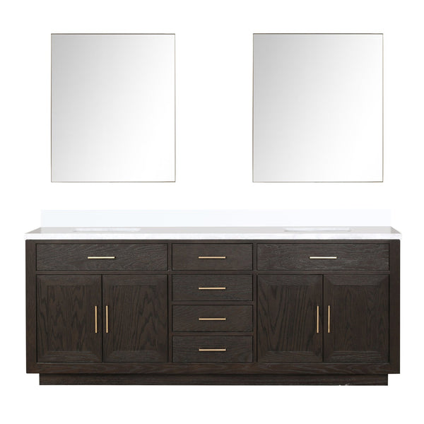 English Elm Brown Oak Double Bath Vanity Set With White Quartz Top & 36" Frameless Mirrors For Timeless Style B2731S01553