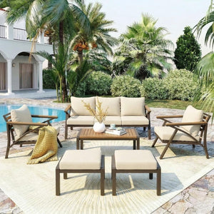 English Elm 6-piece Outdoor Conversation Set with Acacia Wood Accents and Steel Frame Patio Seating Brown,Cream Beige N704G201256A