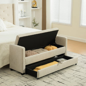 English Elm 58.27" Wide Napped Fabric Upholstered Storage Bench Rolled Armrest Caster Wheels Entryway Griege W3189P445991