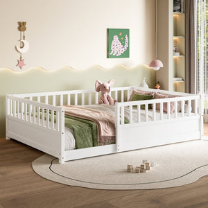 English Elm Twin Montessori Floor Bed Solid Pine Frame with Safety Fence Door for Kids Play Space White W1858P382400