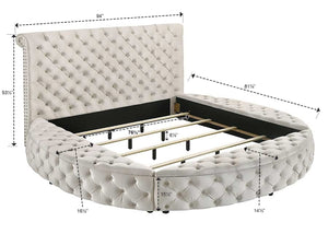 English Elm Unique Round Plush Velvet Button-Tufted Storage Bed Queen with Studded Headboard and 2 Nightstands Set Ivory,White 15.38 L x 80.38 W x 14.13 H B2741S00101