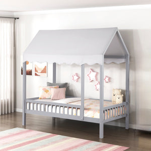 English Elm Gray Finish Canopy Platform Bed Scalloped Fabric Cover Solid Wood Twin Frame Gray B011P463890