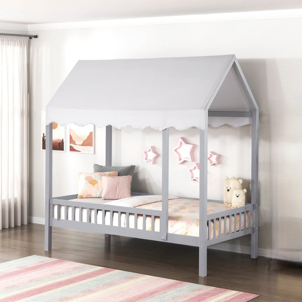 English Elm Gray Finish Canopy Platform Bed Scalloped Fabric Cover Solid Wood Twin Frame Gray B011P463890
