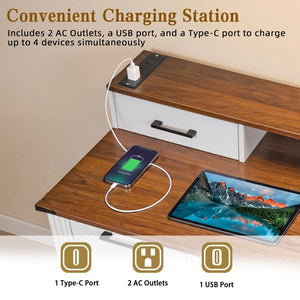 English Elm 59" Fluted Oak L-shaped Corner Desk with Charging Station Monitor Stand and File Storage White W2917S00006