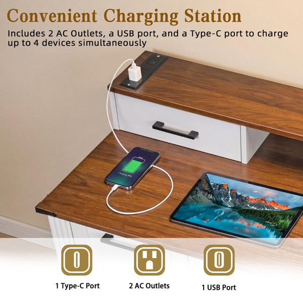 English Elm 59" Fluted Oak L-shaped Corner Desk with Charging Station Monitor Stand and File Storage White W2917S00006