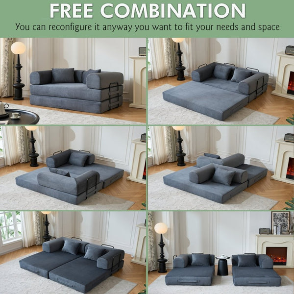 English Elm 59'' Corduroy Floor Sofa Convertible Sleeper with Bolster Pillow for Studio Living Gray W3434P449859
