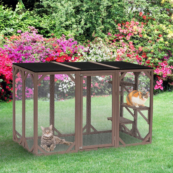 English Elm Pawhut Wooden Outdoor Catio Enclosure with Mesh Walls Climbing Platforms Asphalt Roof W2225P173771