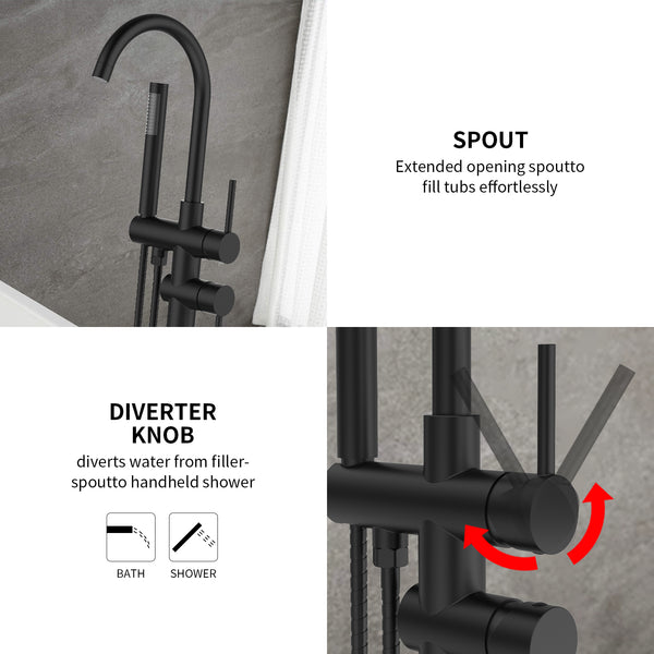 English Elm Floor Mount freestanding bathtub faucet with matte black finish, high-flow single-handle tub filler with handheld shower and 360° swivel spout, durable stainless steel and brass construction Matt Black T3177P277532