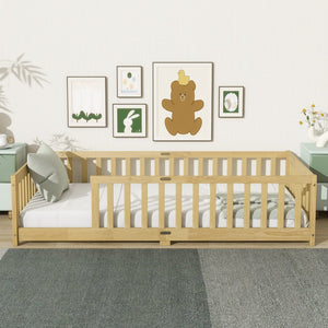 English Elm Twin Size Floor Bed With Safety Guardrails, Eco-Friendly Rubberwood Design For Toddler Independence W504P286397-GIGA