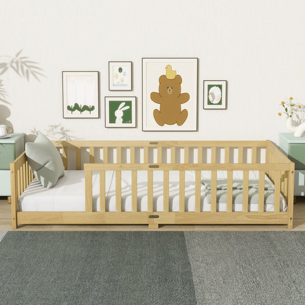 English Elm Twin Size Floor Bed With Safety Guardrails, Eco-Friendly Rubberwood Design For Toddler Independence W504P286397-GIGA
