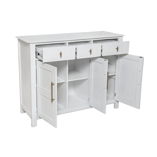 English Elm Cabinet with Three Doors Acacia Wood White Finish Gold Hardware Entryway Dining Storage N780P295774K