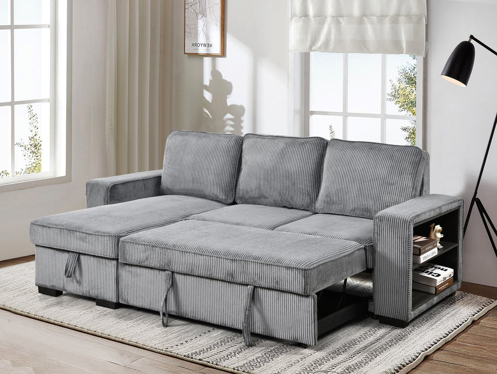 English Elm Modern Pull Out Sofa Bed with Storage Chaise, Convertible L-Shaped Sectional with USB Port and Cup Holder for Living Room — Comfortable Sleeper for Guests Dark Gray W1417S00115