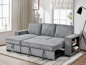 English Elm Modern Pull Out Sofa Bed with Storage Chaise, Convertible L-Shaped Sectional with USB Port and Cup Holder for Living Room — Comfortable Sleeper for Guests Dark Gray W1417S00115