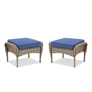 English Elm Outdoor Pe Wicker Patio Ottoman Set of 2 with Cushions for Deck or Backyard Blue T3773P418423