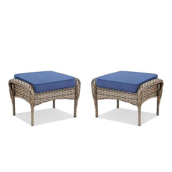 English Elm Outdoor Pe Wicker Patio Ottoman Set of 2 with Cushions for Deck or Backyard Blue T3773P418423