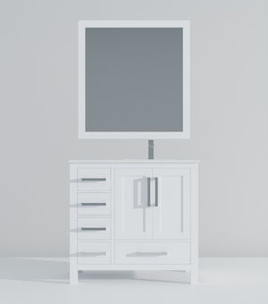 English Elm White Bath Vanity Set With Right-Offset Cultured Marble Top, Chrome Faucet & Matching 34" Mirror B2731S01329-GIGA