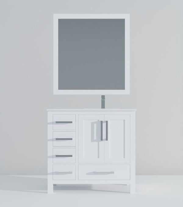 English Elm White Bath Vanity Set With Right-Offset Cultured Marble Top, Chrome Faucet & Matching 34" Mirror B2731S01329-GIGA