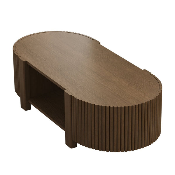 English Elm Oval Fluted Rubberwood Coffee Table with Open Storage Shelf for Living Room Walnut N735P369880D