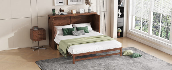 English Elm Murphy Cabinet Queen Bed Solid Pine Frame with Built-in Charging Station for Guest Rooms Walnut W504S00165