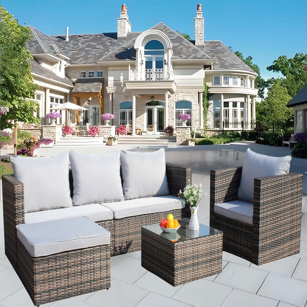 English Elm Outdoor Garden Patio Furniture Set - 4-Piece Pe Rattan Wicker Sofa, Cushions & Glass Table W209S00020-GIGA