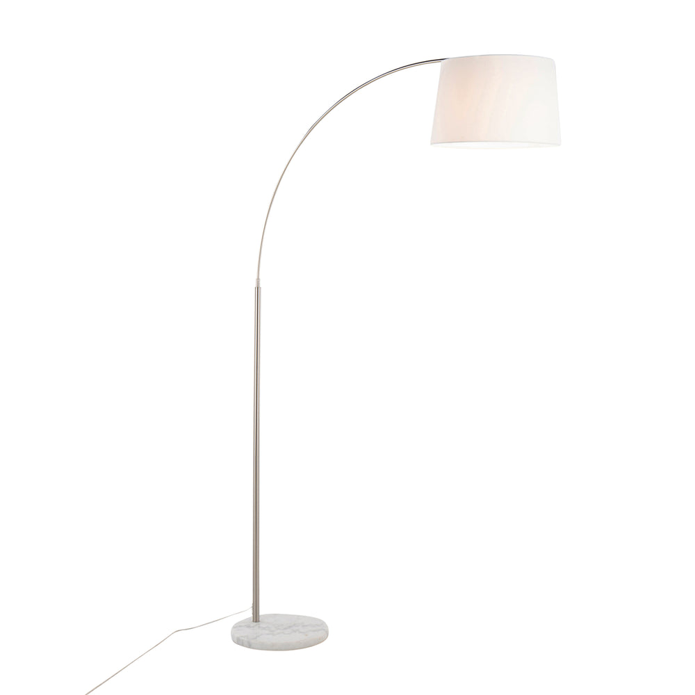 English Elm March Floor Lamp: Elegant Arc Design With White Linen Shade & Marble Base For Modern Interiors B202S01376