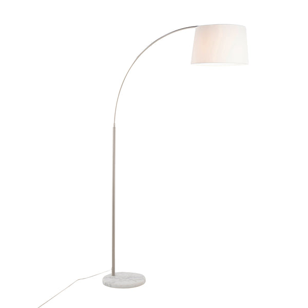 English Elm March Floor Lamp: Elegant Arc Design With White Linen Shade & Marble Base For Modern Interiors B202S01376