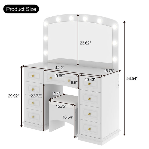 English Elm <old Sku Hollywood Vanity with 10 Bulbs 9 Drawers Cushioned Stool White Glam Bedroom N704G202308A