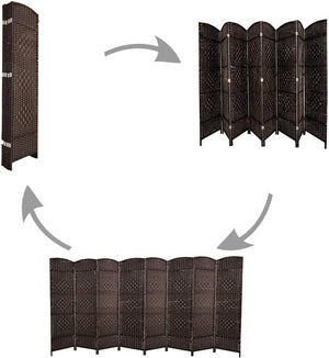 English Elm 8 Panel Room Divider with Hand-Woven Fiber Straps, Solid Wood Folding Screen for Privacy & Style Walnut Brown W3198P299186