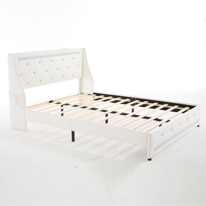 English Elm Full Platform Bed Faux Leather Diamond Tufted Headboard Led Lighting Charging Station White W5722P462371