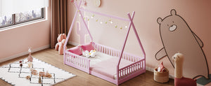 English Elm Twin House Bed with Roof and Fence for Kids – Sturdy Pine Frame, Vintage Wash Design, Safe Sleep Space Pink N709P183348H