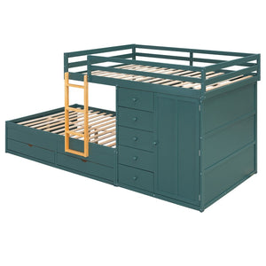 English Elm Full Size Bunk Bed with Integrated Drawers Wardrobe Mdf Solid Wood Kids Storage Green LT000463AAG