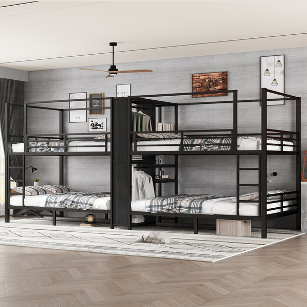English Elm Full Size Quadruple Metal Bunk Bed With Storage & Wardrobe - Sturdy Design For Space-Saving Comfort W1580S00155