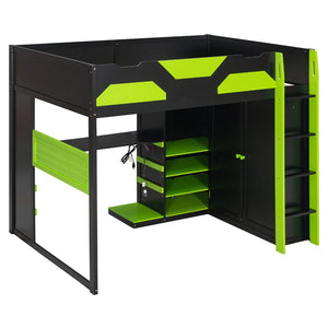 English Elm Full Size Loft Bed with Rgb Lighting Usb Charging Desk Wardrobe and Storage Shelves Green LT000387AAF
