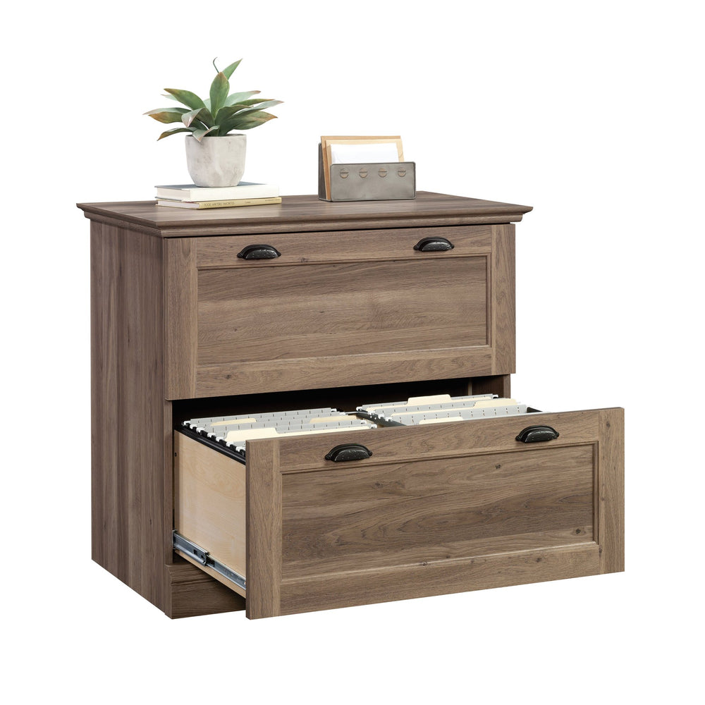 English Elm Lateral File Cabinet In Warm Brown Finish - Durable, Smooth-Gliding Drawers For Organized Workspaces B356P402598