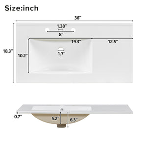 English Elm 36" Wood Bathroom Vanity with Solid Frame, Gold Handles, 3 Soft-Close Drawers & 2 Doors, Spacious Countertop N729P204176N