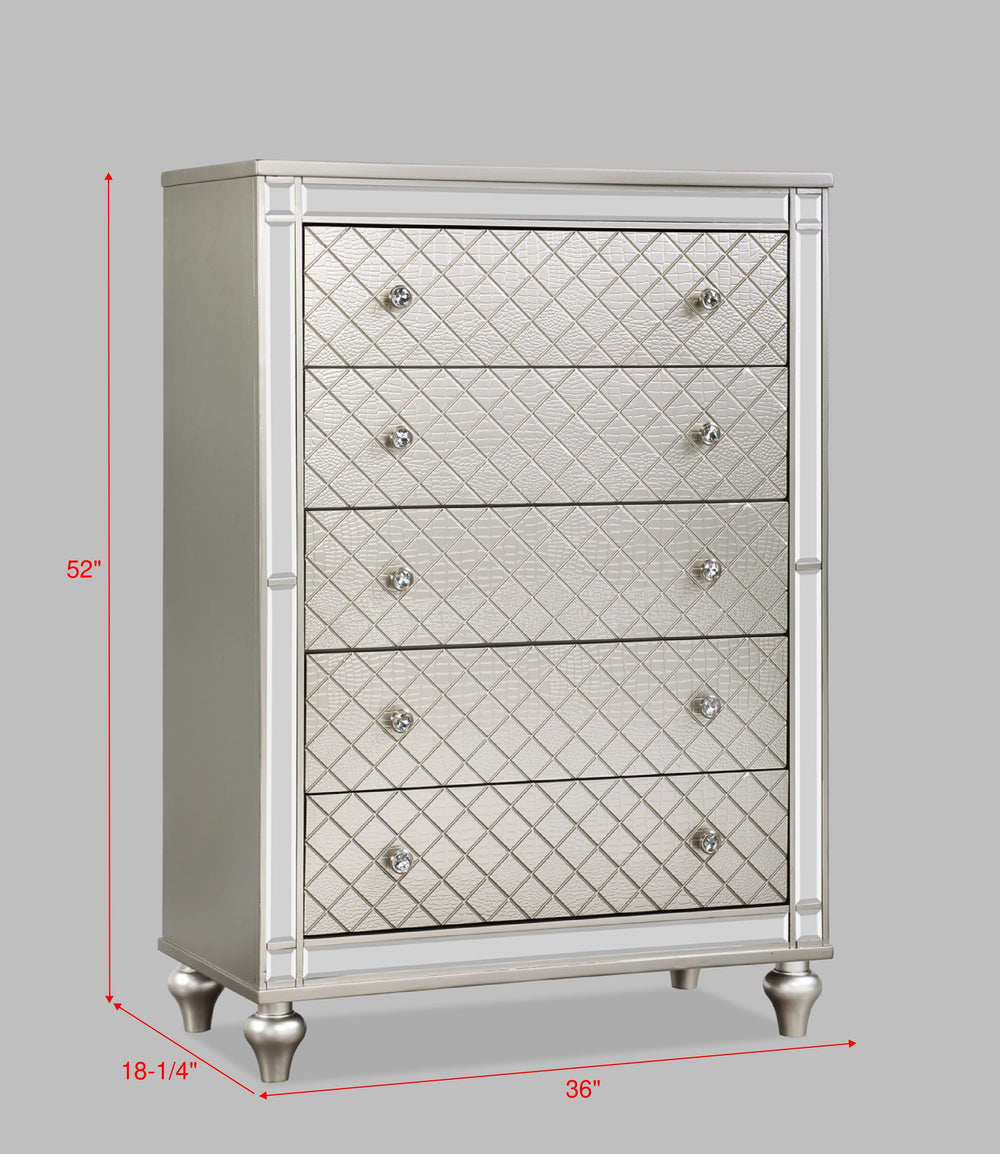 English Elm 1pc Glam 5-Drawer Bedroom Chest with Mirrored Accents Crosshatch Drawer Fronts Champagne Finish Silver 39.5 L x 21.75 W x 52 H B2741P367212