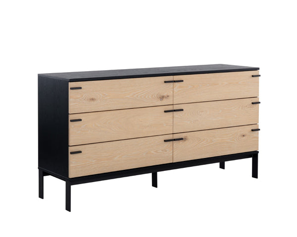 Sunpan ROSSO Dresser – Modern Industrial Black Wood Frame with Rustic Oak Drawers & Matte Iron Legs 108791