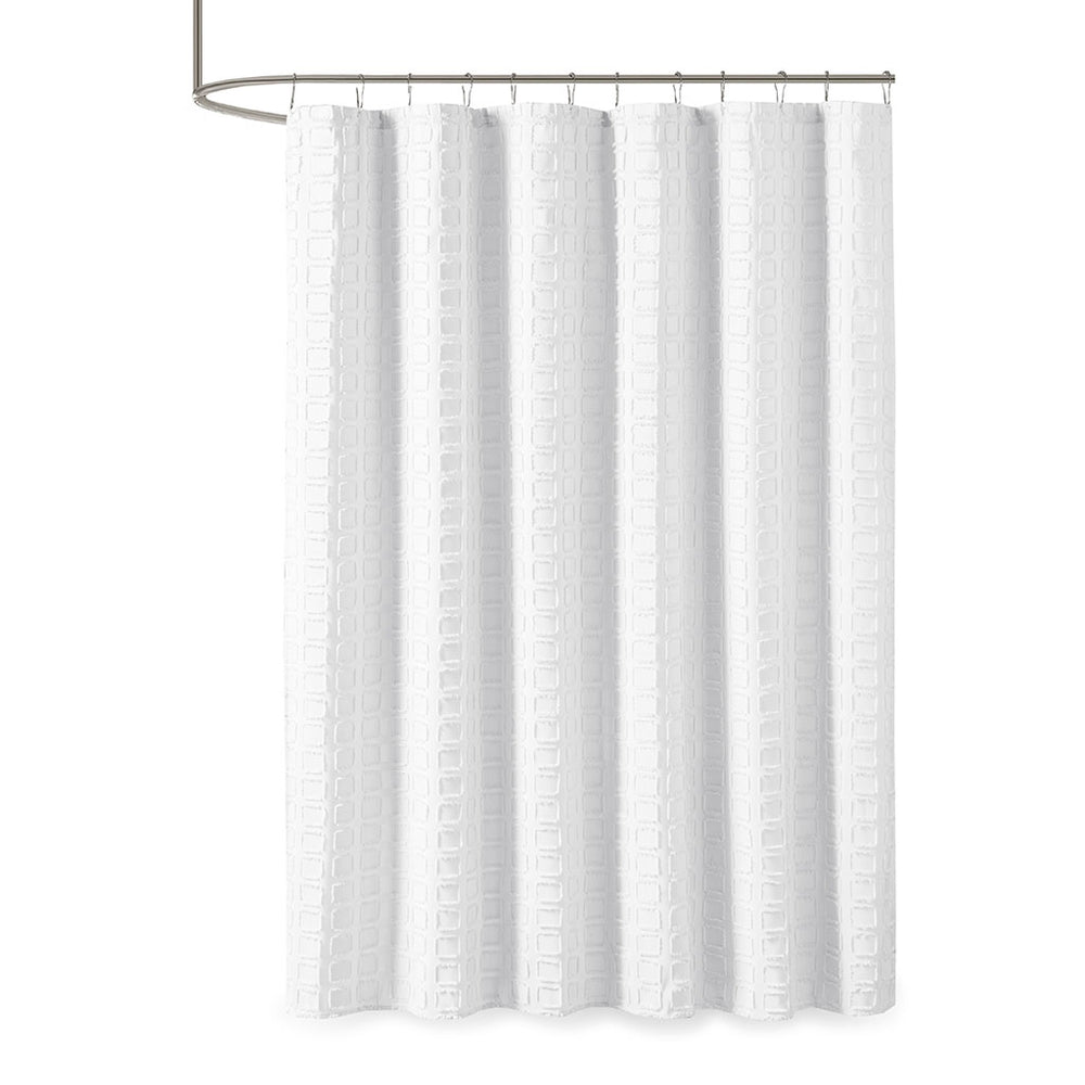 JLA Home Madison Park - Woven Textured Shower Curtain with Clipped Square Weave, Machine Washable, Durable 72x72 Inches White MP70-6707
