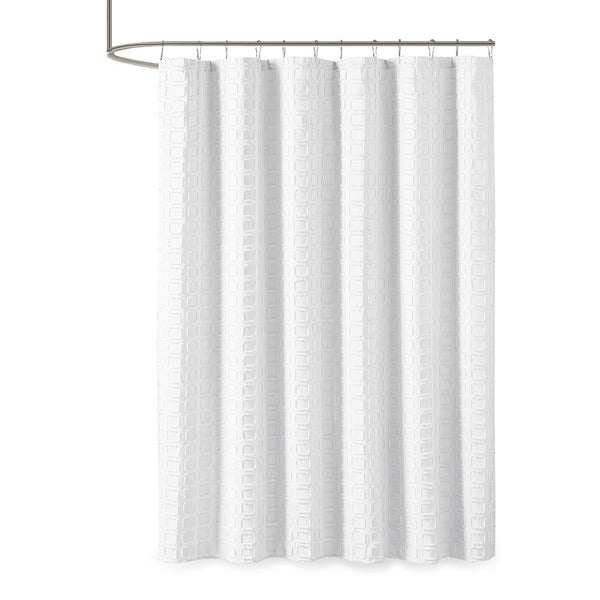 JLA Home Madison Park - Woven Textured Shower Curtain with Clipped Square Weave, Machine Washable, Durable 72x72 Inches White MP70-6707