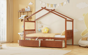 English Elm Twin House Bed Solid Pine Kids Cottage Frame with Storage Drawers Imaginative Room Walnut N708P309245L