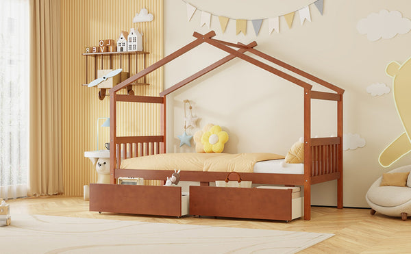 English Elm Twin House Bed Solid Pine Kids Cottage Frame with Storage Drawers Imaginative Room Walnut N708P309245L