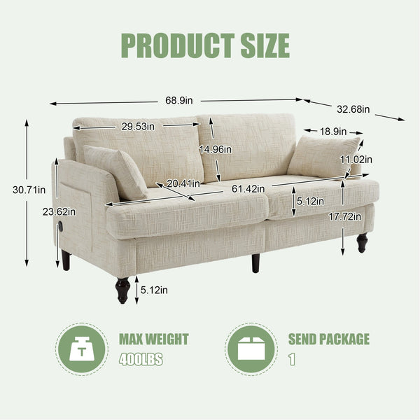 English Elm Modern chenille 2-seater sofa with LED, USB charging, storage pocket, solid wood legs, durable comfort Beige W395P318540